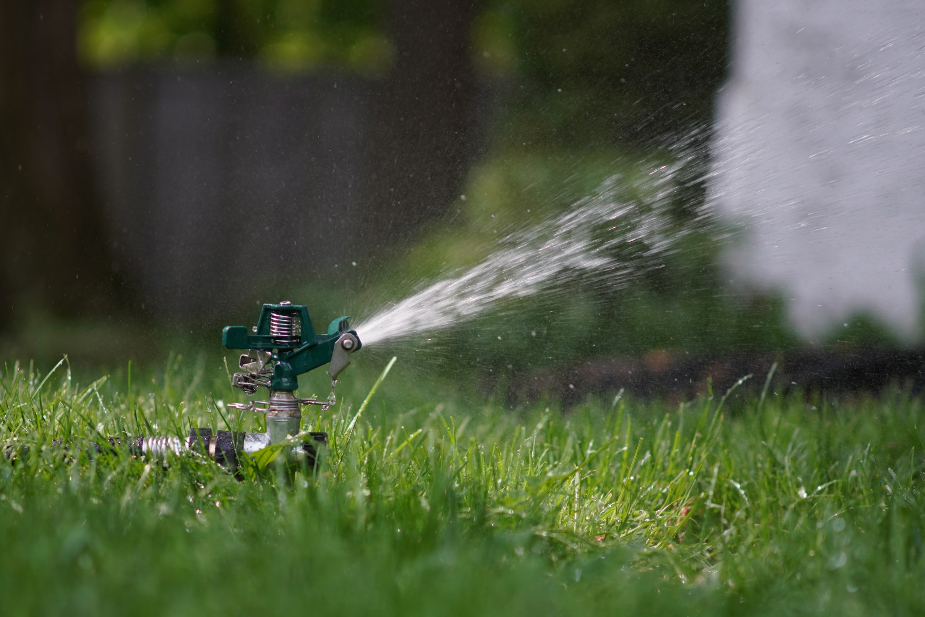 Impact sprinkler head throwing a fine spray of water across a healthy green lawn