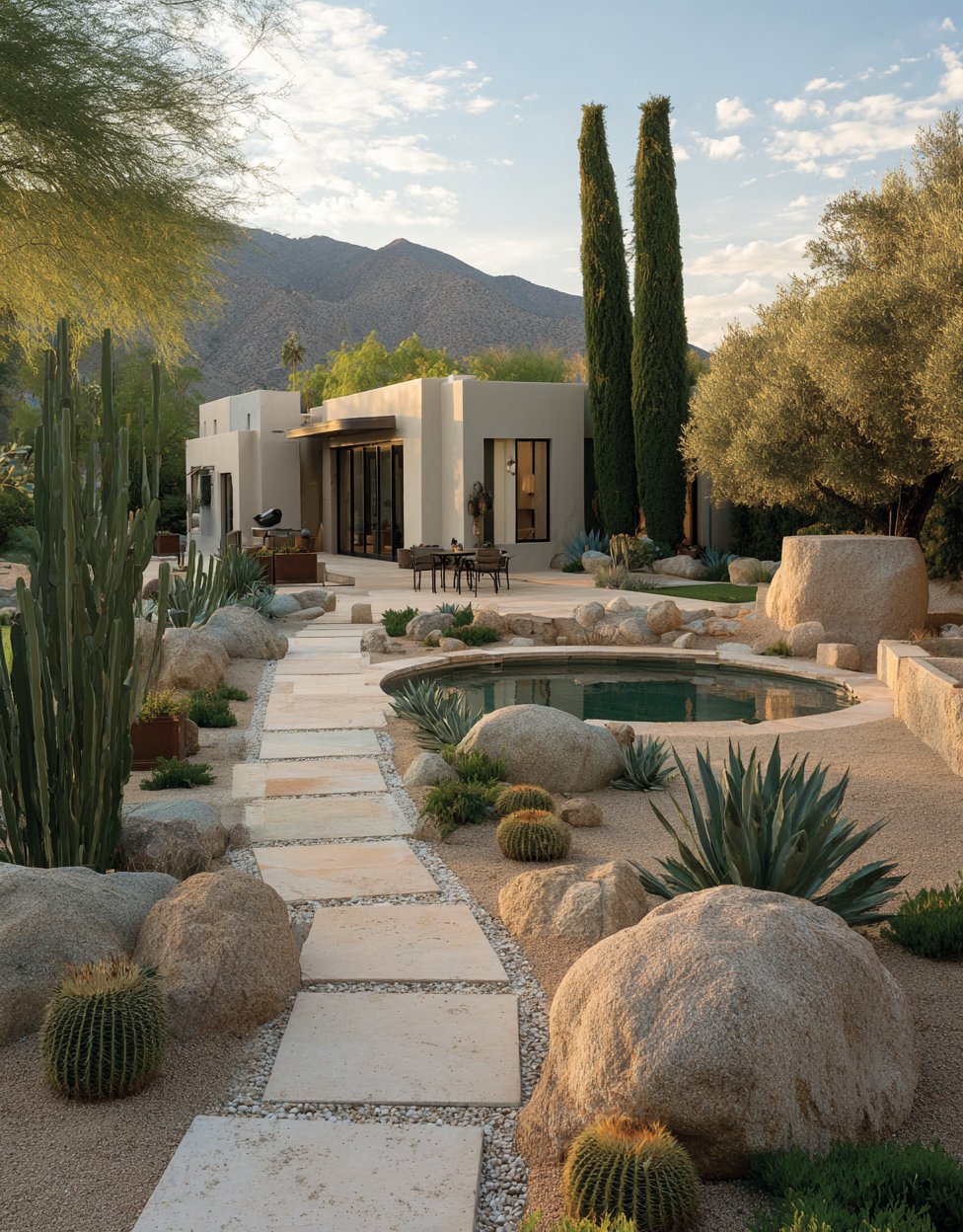 Stone hacienda with a wood boardwalk crossing still water between boulders and desert grasses