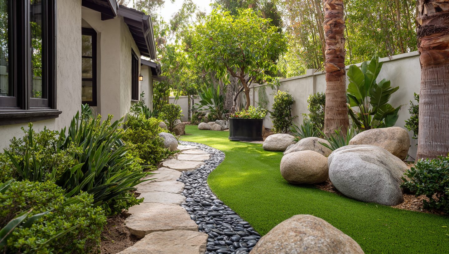 Curved flagstone path with river-rock border, boulders, and turf along a white stucco home