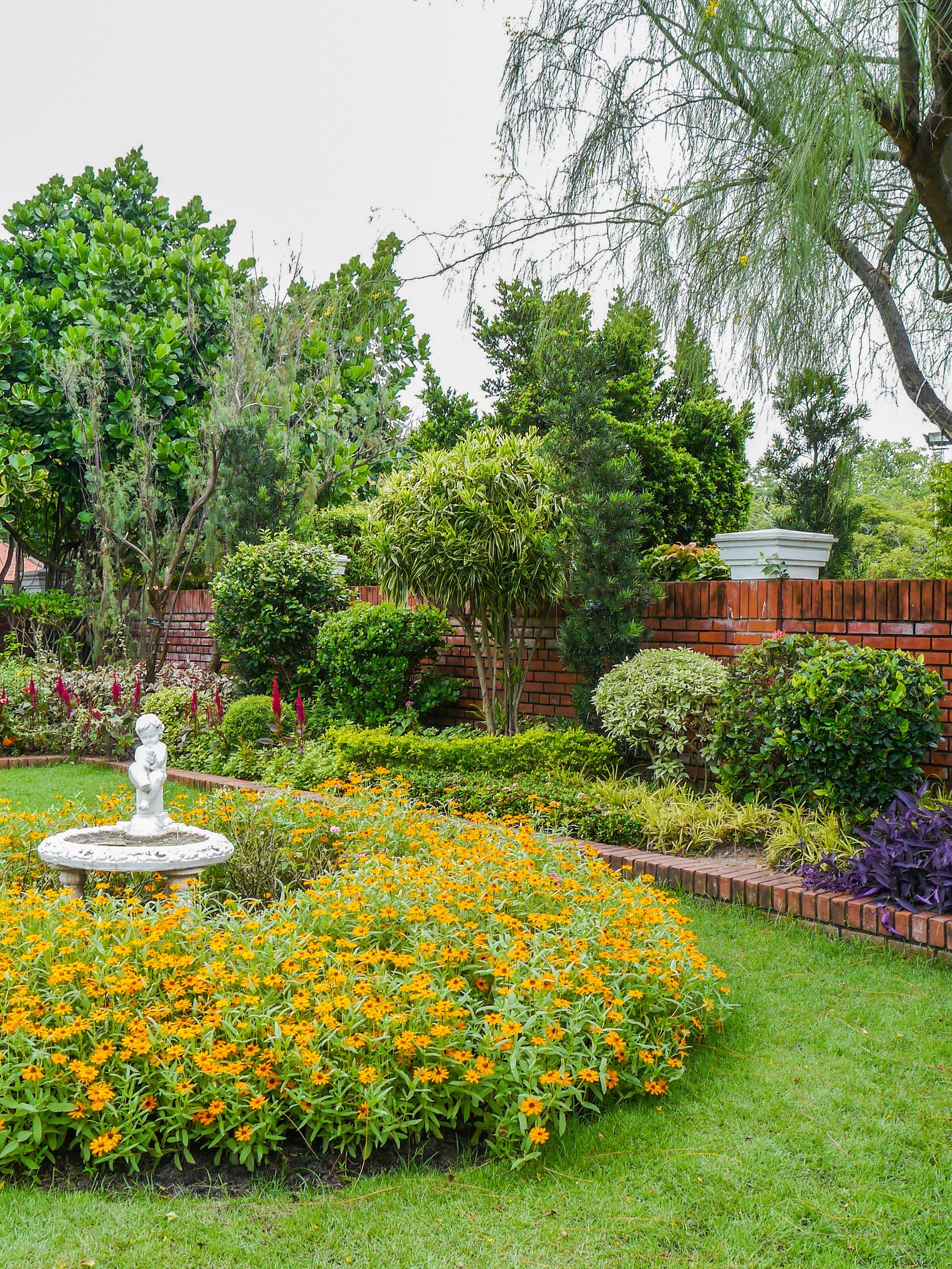 Lavender-lined brick path leading to a vine-covered brick manor
