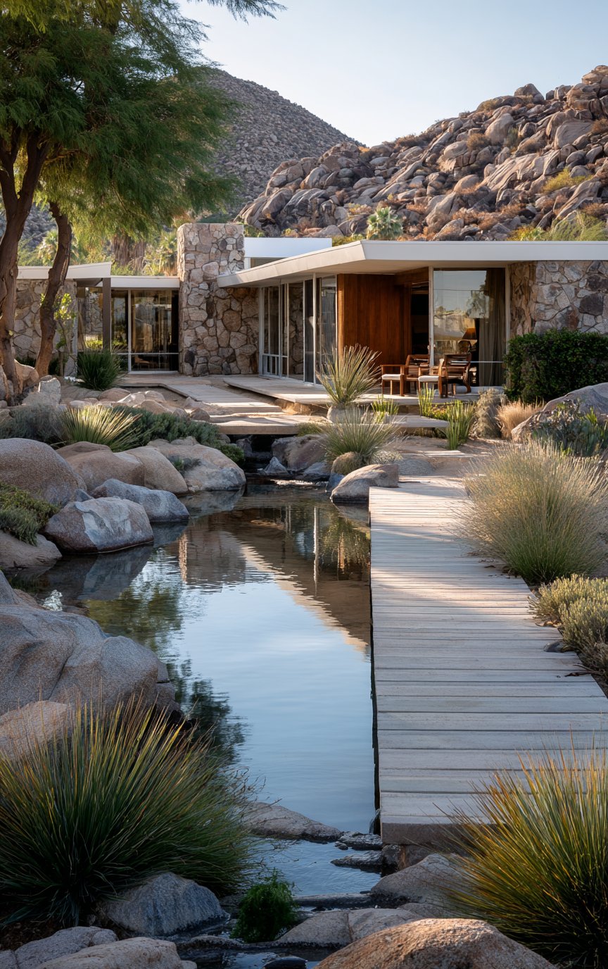 White stucco entry with columnar cacti, golden barrel cactus, and concrete steppers in gravel